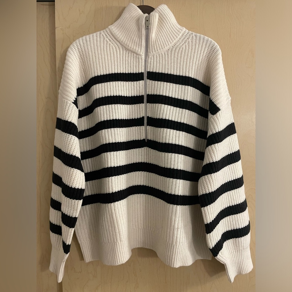 Everlane The Half-Zip Sweater in Luxe Merino - BLACK / BONE